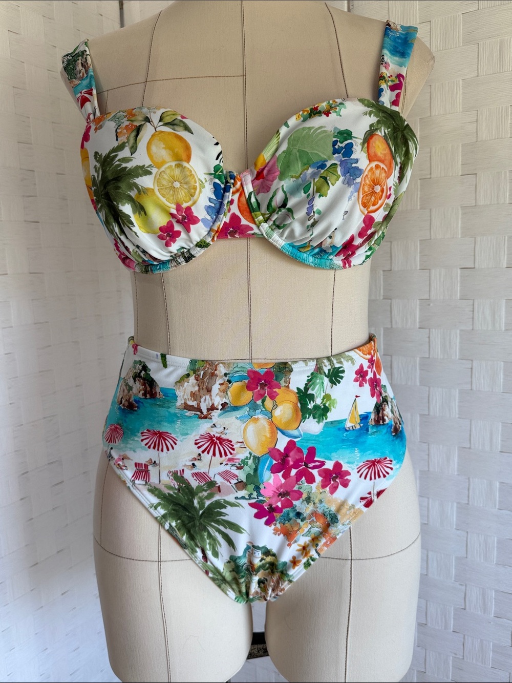 Shade & Shore White Tropical Fruit & Floral High-Waist Bikini